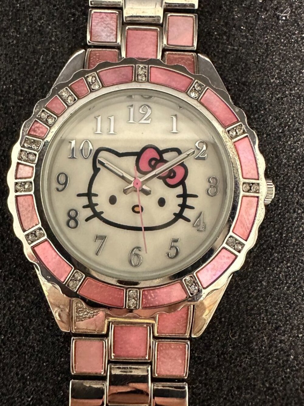 3/$30 Hello Kitty Watch Women Silver Tone Pink Shell Inlays 36MM 7.25"